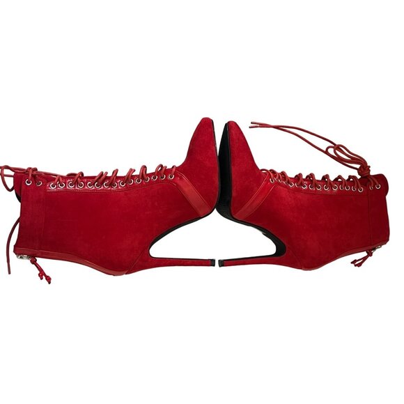 PrettyLittleThing Red Suede Lace Up High Heel Ankle Boots Size 7 - Picture 7 of 12